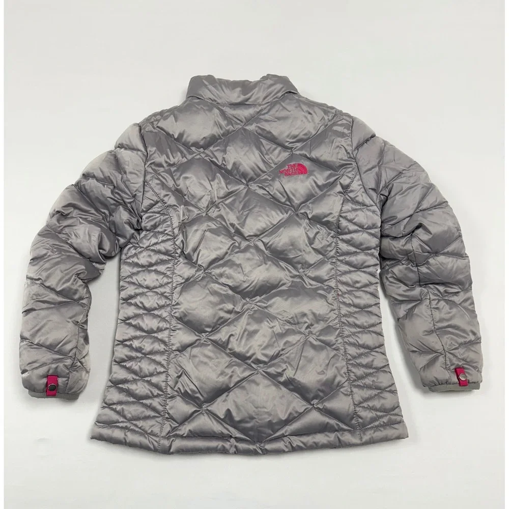 The North Face 550 Fill Down Puffer Jacket‎ Girls L 14-16 Silver Pink Zip Up